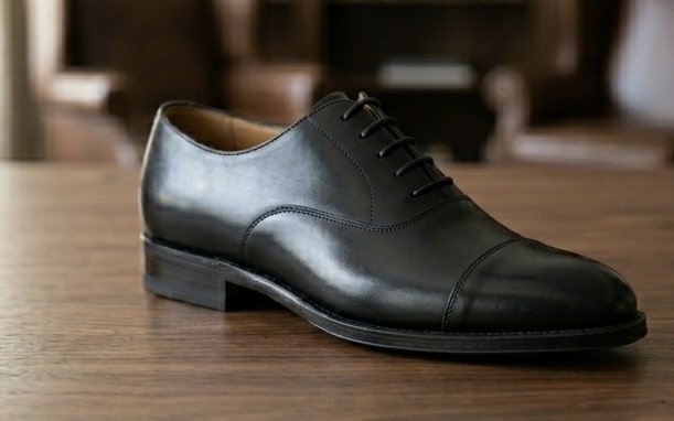 Ein eleganter schwarzer rahmengenähter Herrenschuh aus Leder steht auf einem Holztisch vor unscharfem, warmem Interieur.
